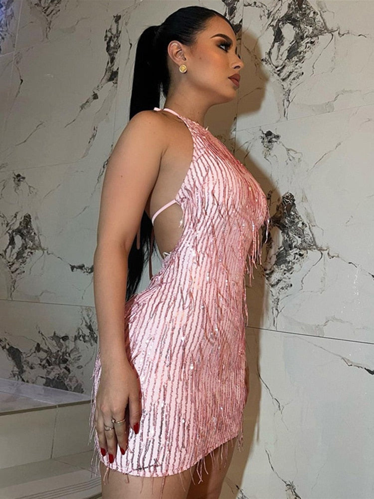 maoxiangshop Prom Halter Backless Shiny Tight Mini Dress Women Summer Sexy Elegant Party Night Club Bodycon Sundress Wrap Dance Short Dresses