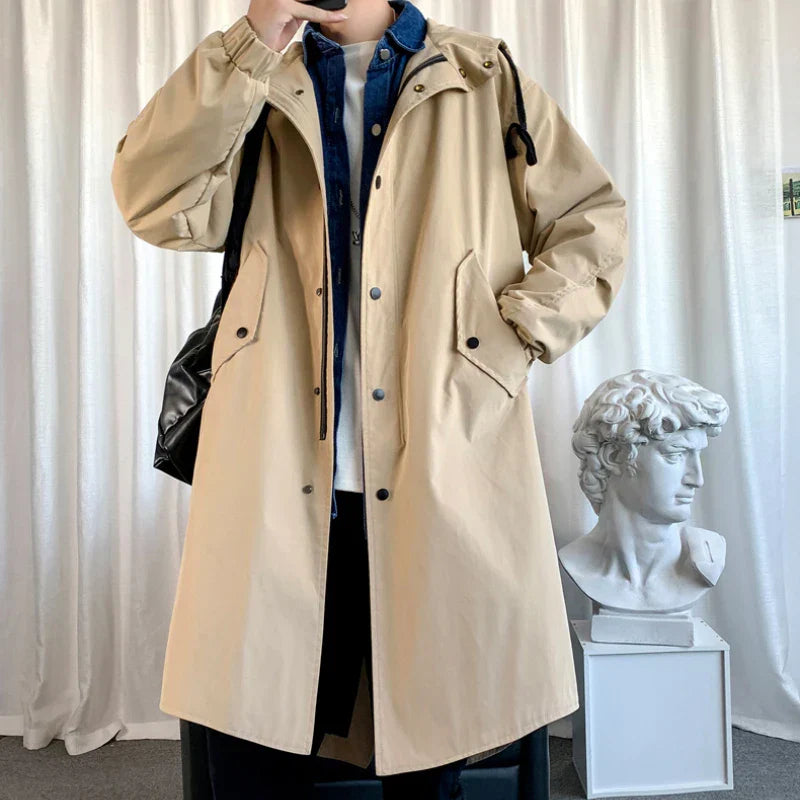 maoxiangshop New Autumn Men's Jacket Trench Coats Pie Over Solid Color Hooded Men's Fashion Handsome Leisure Long Jacket Trench Coats