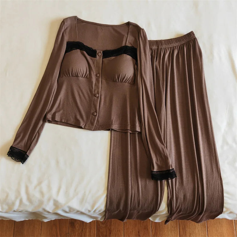 maoxiangshop - Modal Comfort Padded Top Pajamas For Women Autumn Spring Sweet Casual Lace Trim Long Sleeve Slim T-shirts + Wide Leg Pant Sets