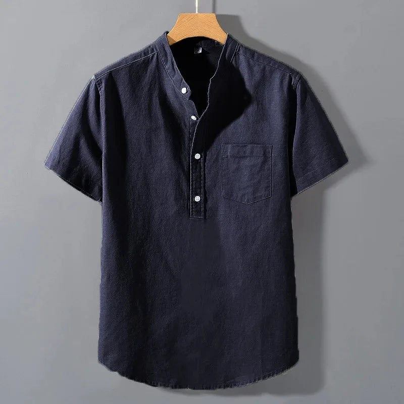 maoxiangshop New Mens Short Sleeve T Shirts Solid Color Stand Up Collar Shirt Summer Trendy Breathable Loose Youth Basic Cotton Pocket Top