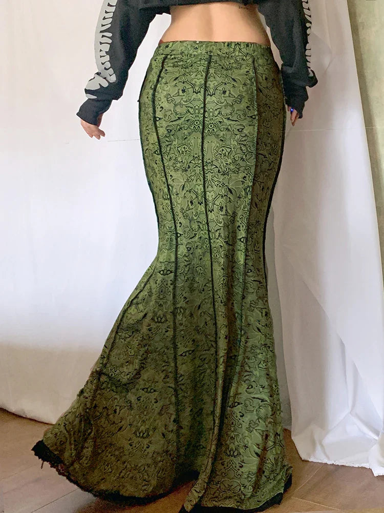 maoxiangshop Vintage Fashion Elegant Green Trumpet Long Skirt Graphic Printed Lace Trim Y2K High Waist Skirt Women 2000s Aesthetic