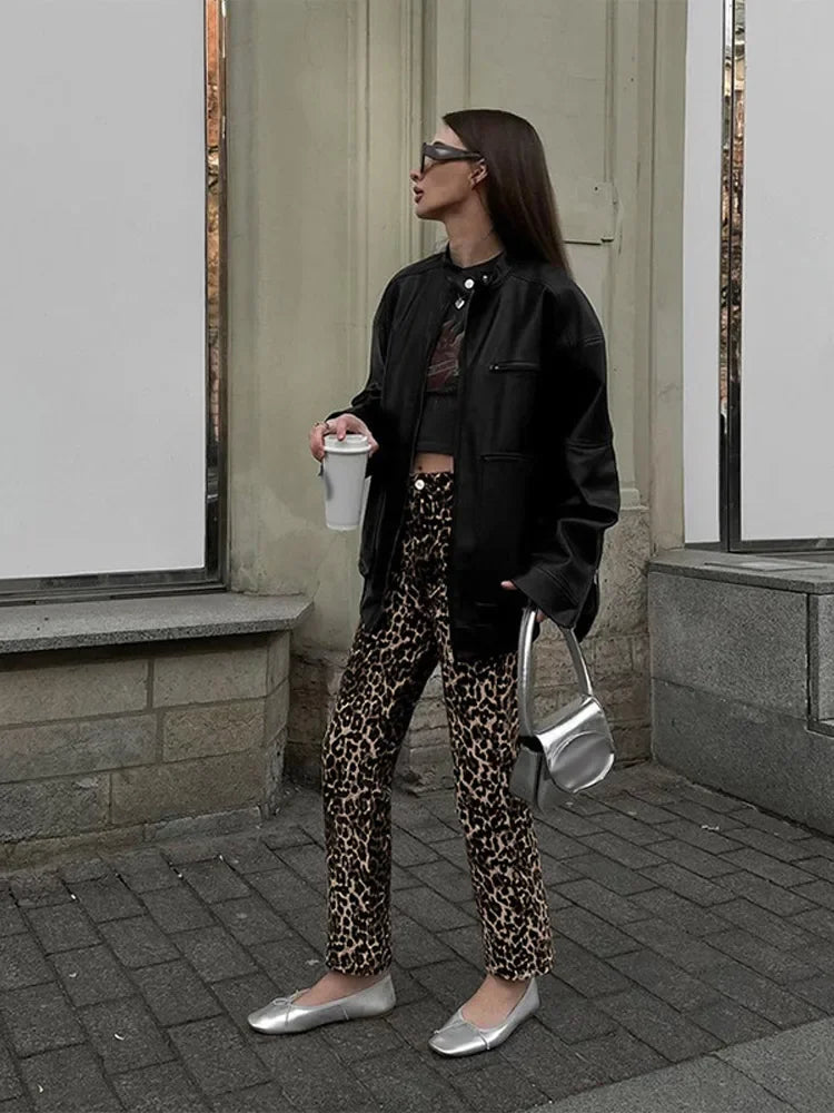 maoxiangshop - Leopard Printed Long Pants Women's 2024 Spring Autumn Slim Single Button Pencil Trousers Female Stylish High Waist Ladies Pants