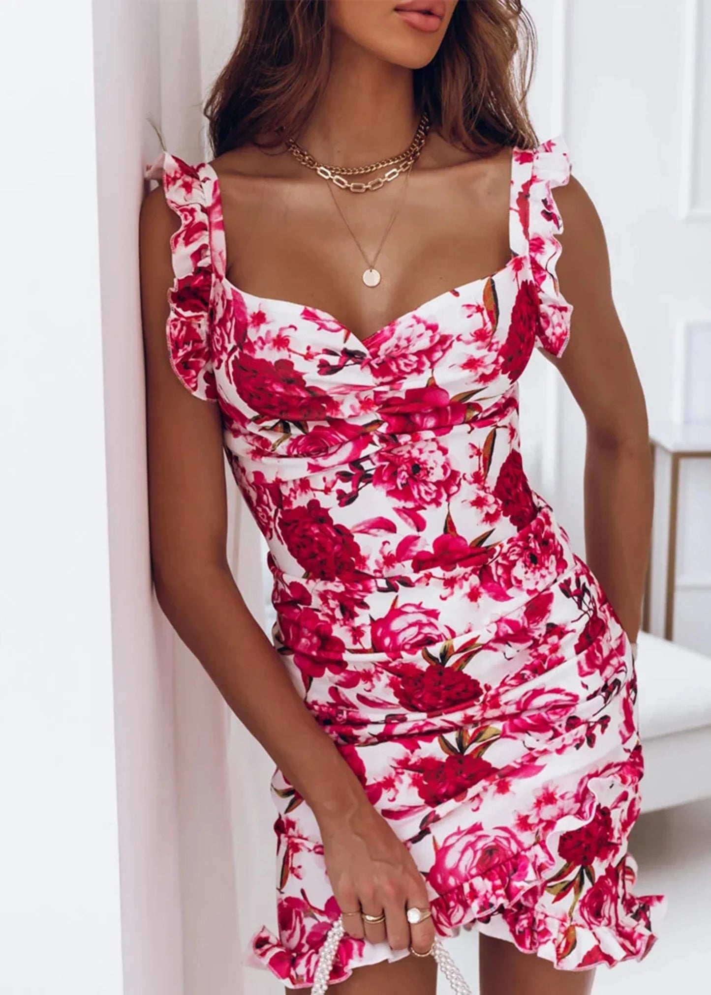 maoxiangshop Summer New Women's Ruffle Edge Sleeveless V-neck Wrap Hip Fragmented Flower Dress