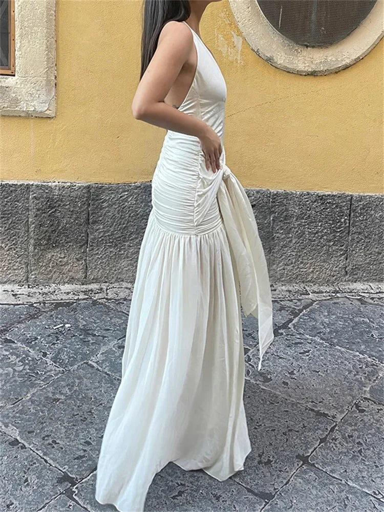 maoxiangshop - V-Neck Backless Lace-Up Long Dress Women's Ruffled Patchwork Sexy Bandage High Waist Solid Dress Ladies Autumn Maxi Dress