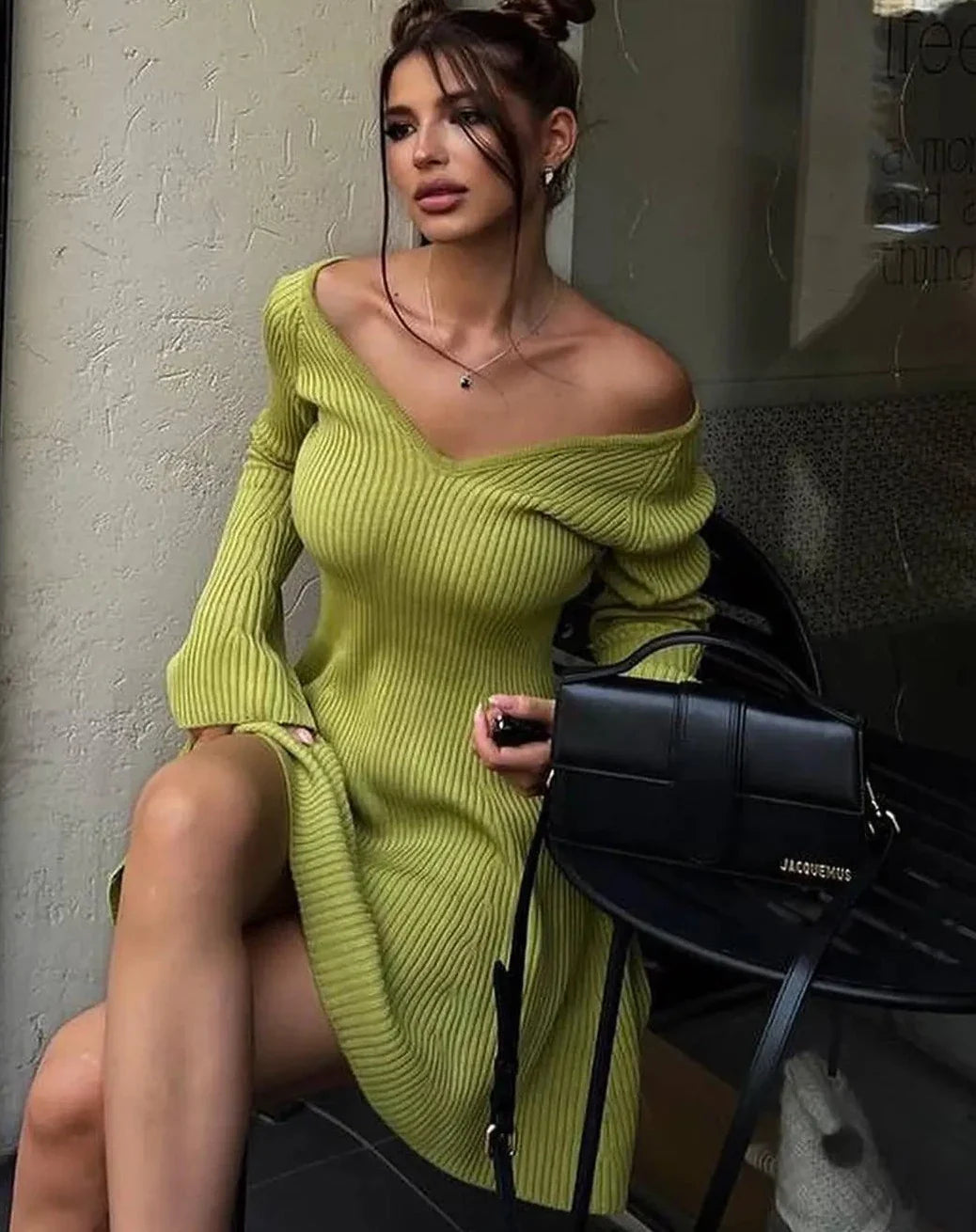 maoxiangshop - V-neck Long Sleeved Sexy Short Dress Knitted Autumn Winter Solid Color A-line Backless Pleated Women Dresses Fall Fashion