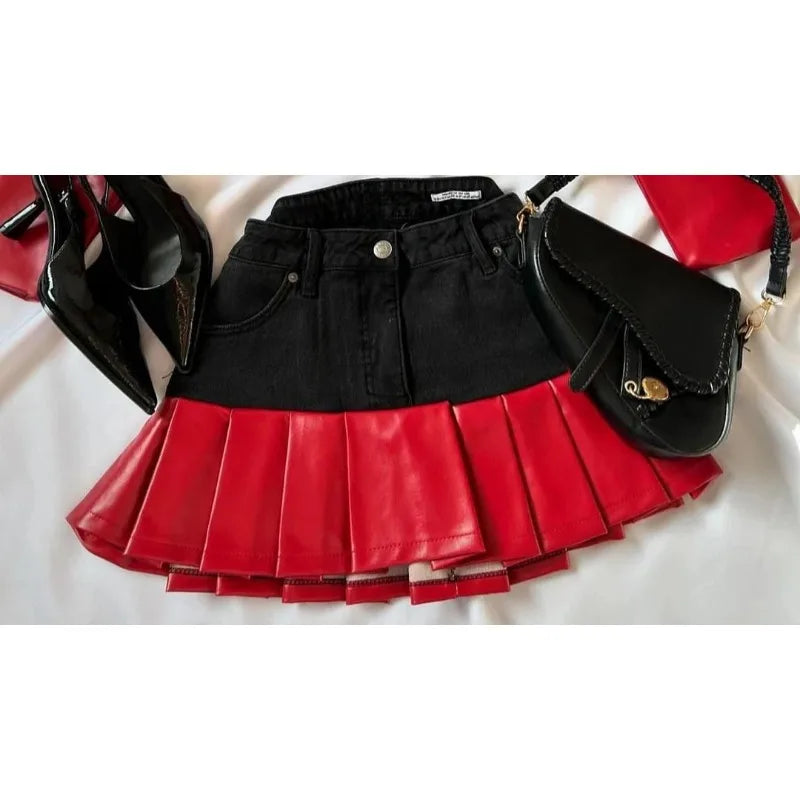 maoxiangshop - Y2K Gothic Fashion Skirts Womens Two Piece Leather Patchwork Denim Patchwork women Clothes Zipper Mini Denim Slim Fit Mini Skirt
