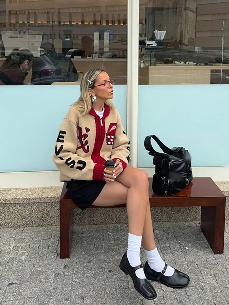maoxiangshop - Women Fashion Contrasting Printed Knitted Coat Elegant Lapel Long Sleeves Zipper Loose Sweater Cardigan Autumn Lady Warm Coat
