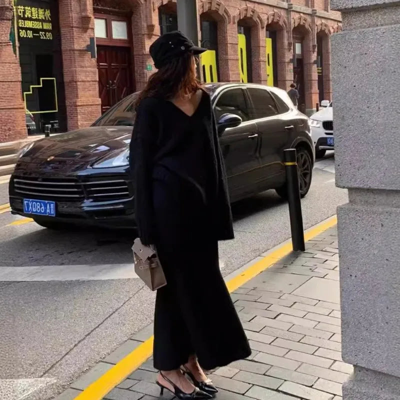 maoxiangshop - Autumn Winter Knitting Women Suit Winter Sweater Long Skirts Sets V-neck Pullover Top + High Waist Fishtail Skirt Two Piece Set