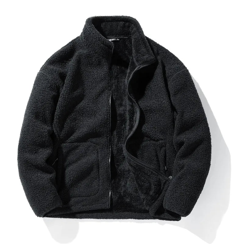 maoxiangshop Winter Fleece Jackets Men Solid Color Loose Casual Warm Coat Mens Stand Collar Outerwear Jacket Harajuku Streetwear Plus Size