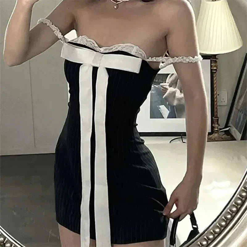 maoxiangshop E-girl Gothic Kawaii Bow Mini Dress Korean Sweet Girl Lace Trim A-line Dress Fairycore Grunge 00s Retro Y2K Coquette Streetwear