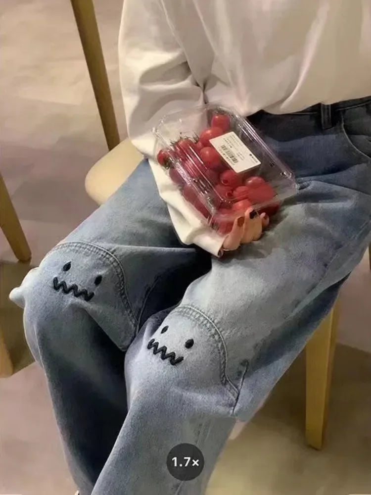 maoxiangshopIns Ladies Jeans Personality Letter Jeans Hip Hop Tide Street Trend Ruffian Handsome Trousers High Waisted Wide Leg Pants