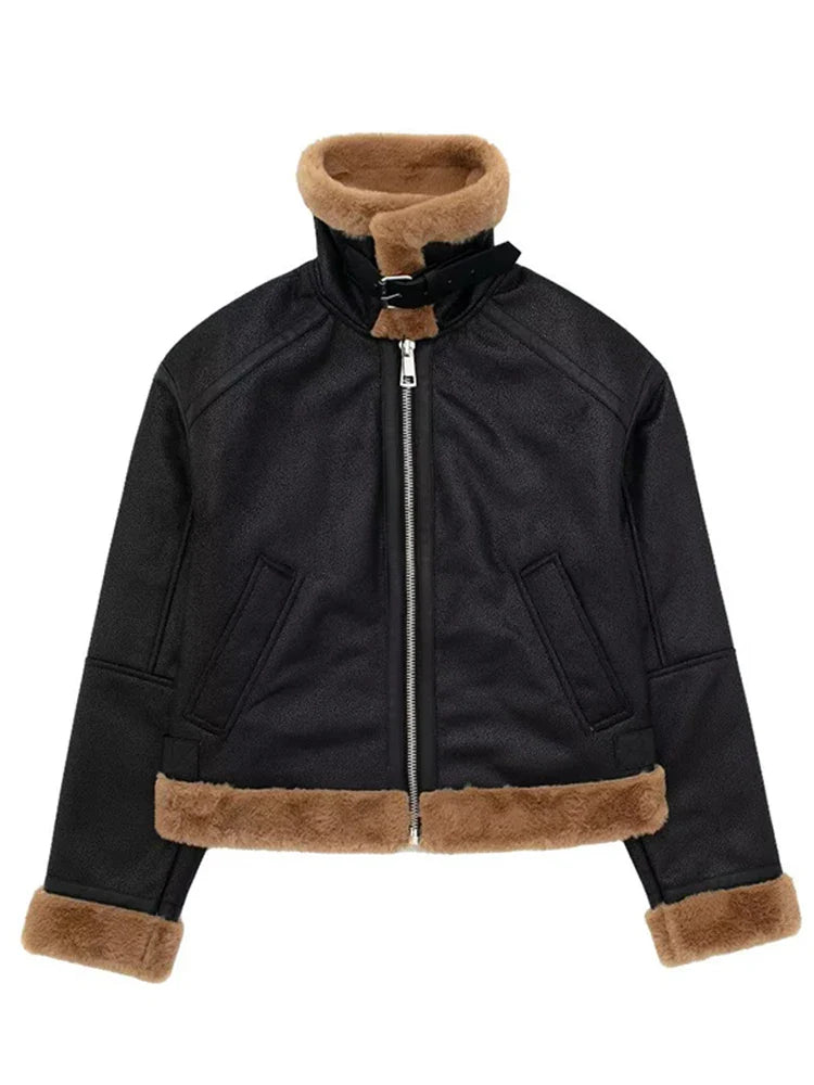maoxiangshop - Loose Moto Biker Winter Shearling Sheepskin Leather Jackets Streetwear Thicken Parka Faux Leather Lamb Fur Outwear