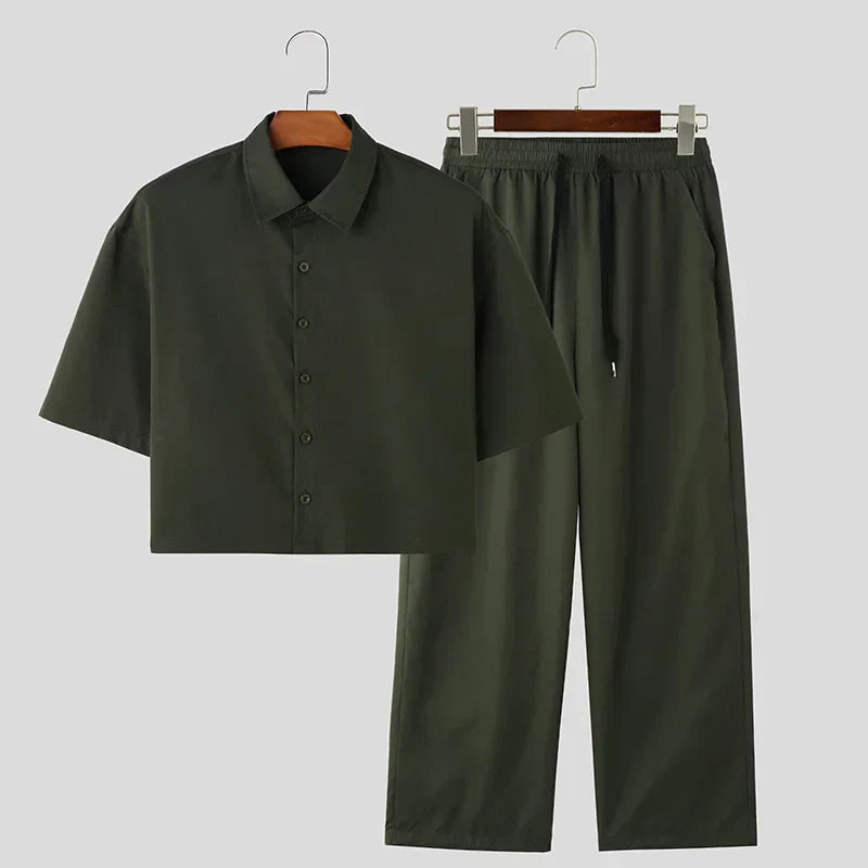 maoxiangshop 2024 Men Sets Solid Color Streetwear Lapel Short Sleeve Shirt & Pants Two Pieces Sets Fashion Men's Casual Suits S-5XL