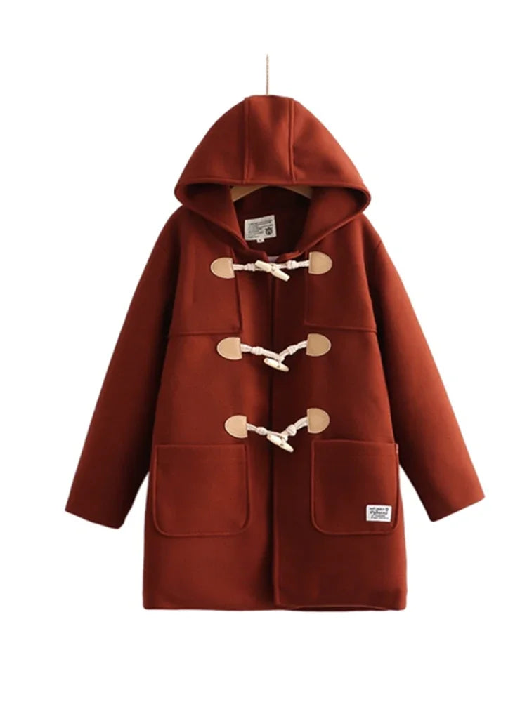 Winter Women Wool Blends Coat Straight Long Hooded Coats Jacket Horn Button Sleeve Preppy Style Female Warmness Outwears