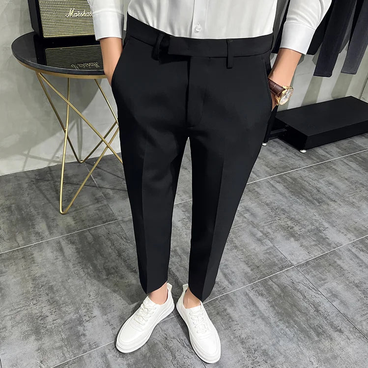maoxiangshop 2024 Summer Fashion Mens Dark Green Suit Pants Pure Color Business Occupation Slim Fit Dress Office Ankle Trousers