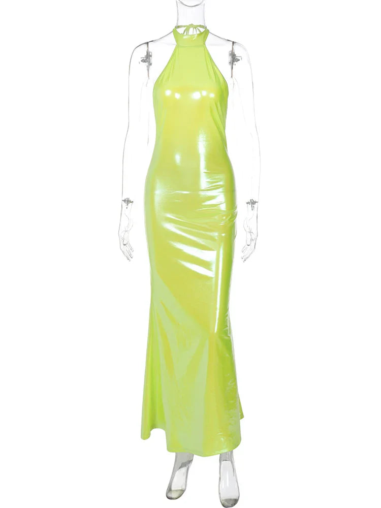 maoxiangshop - Bright Color Halterneck Sexy Backless Bows Dress For Women Fashion Slim Long Dress 2025 Fall New Sleeveless Dress Vestido