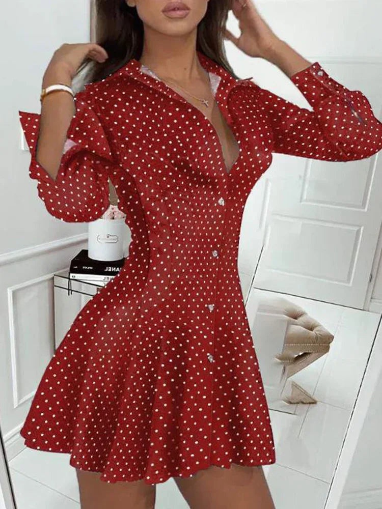 maoxiangshop Dot Print Pleated Dress Women Long Sleeve Turn Down Collar Elegant Mini Dress Ladies Casual Short Dress
