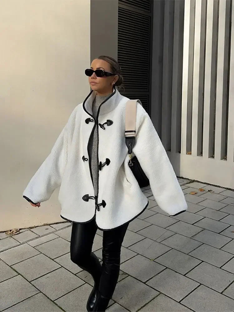 maoxiangshop - Fashion Contrast Lamb Wool Jacket Women Casual Single Breasted Stand Collar Long Sleeves Thick Coat Autumn Winter Lady Outwear