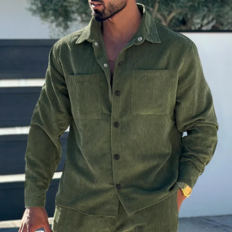 maoxiangshop Autumn New Men's Shirt High Quality Corduroy Leisure Multi-pocket Solid Color Cargo Shirt Cardigan Men's Clothing