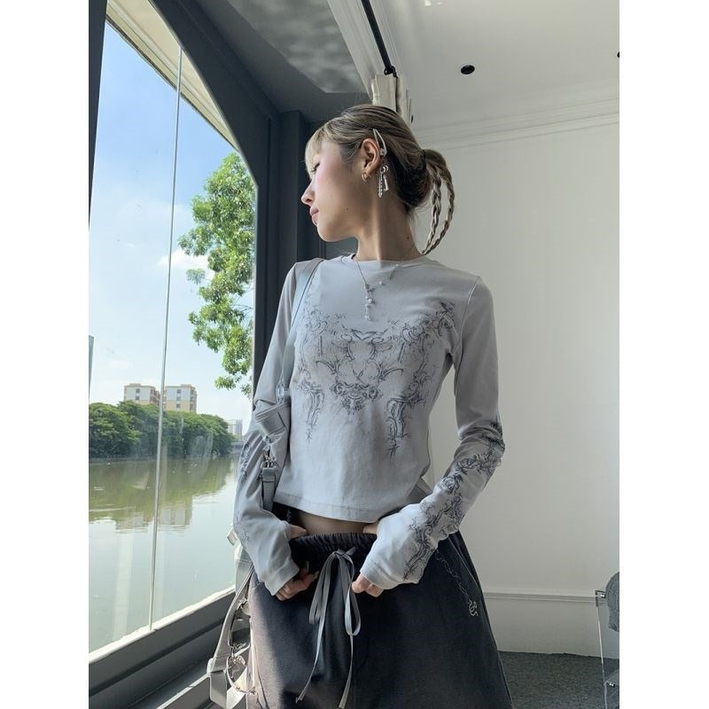 Vintage Women Clothes Y2K T-shirts Blusas O-neck Long Sleeve Print Tunic Grunge Woman Clothing Fashion Casual Crop Tops