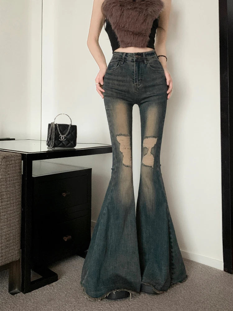Korean Fashion Women Ripped Denim Pants Vintage Flare Jeans Harajuku Y2k Japanese Streetwear Grunge Trousers Kpop Grunge 2000s