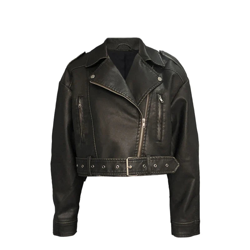 maoxiangshop - Spring Autumn Women Faux Pu Leather Short Jacket with Belt Motorcycle Biker Female Zipper Lapel Loose Coat Outwear