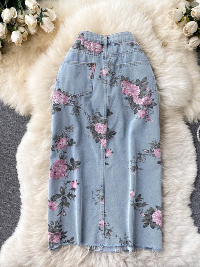 maoxiangshop Flowers Print Jeans Women Vintage High Waist Denim Long Pants Fashion Autumn Casual Wide Leg Full Length Denim Trousers