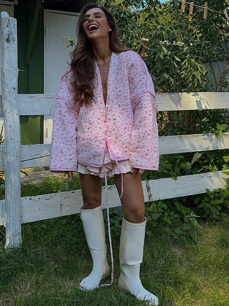 maoxiangshop - 2024 New Pink Floral Cotton Coats Women Fashion V-neck Full Sleeve Lace Up Loose Jacket Autumn Winter Chic Warm Lady Outerwear
