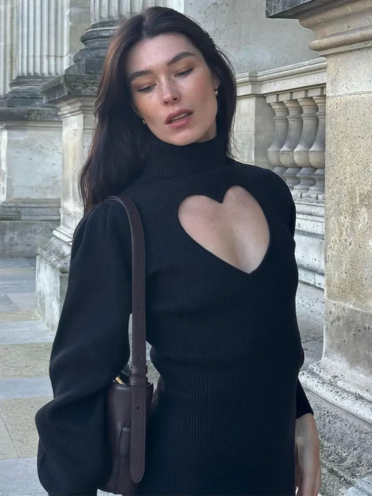 maoxiangshop - Women Heart Hollow Out Slim Long Dress Elegant Fashion Black Long Sleeve Dresses Autumn Party Street Lady Outerwear Vestido