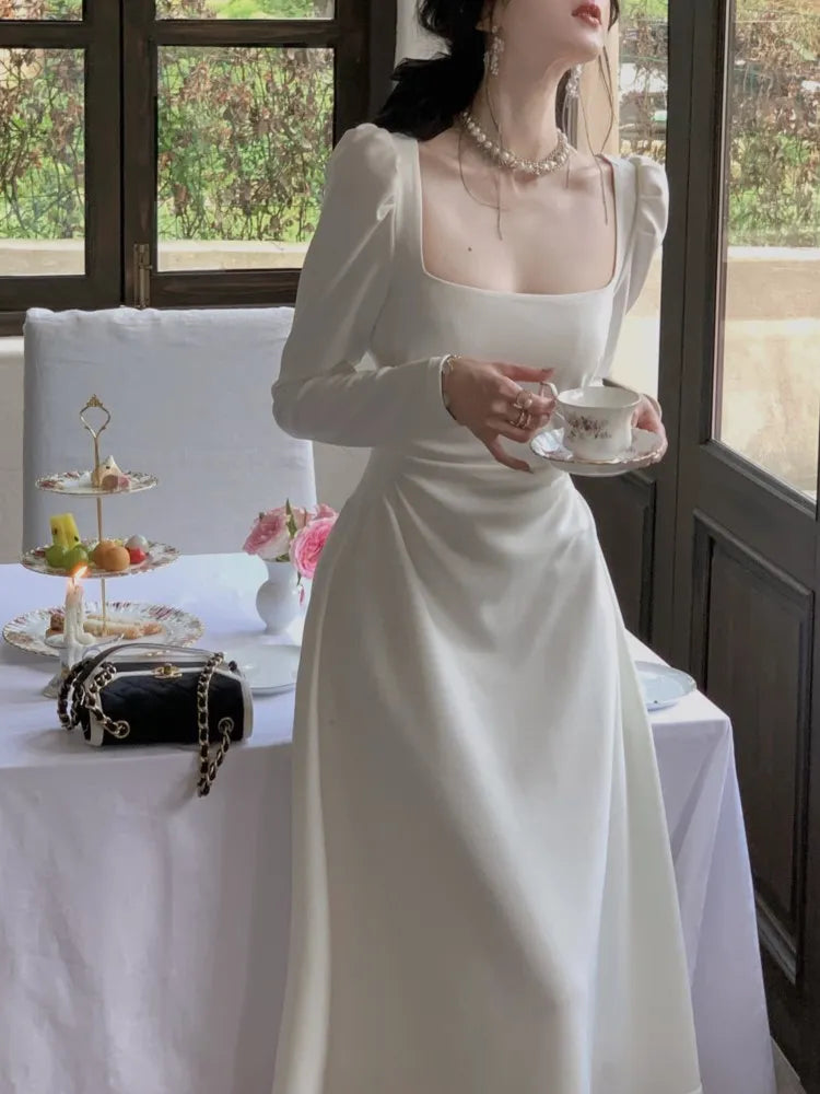 maoxiangshop 1 Spring New Elegant Square Collar Midi Party Dress For Women Long Sleeve Black White Slim Vestidos Female Clothes
