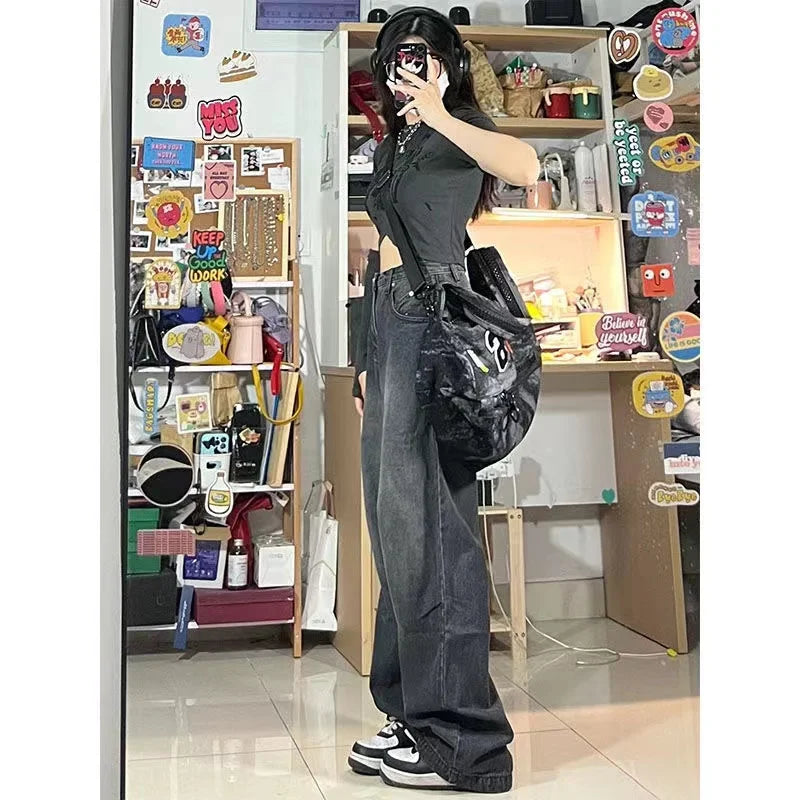 maoxiangshopWomen Vintage Streetwear Black Baggy Korean Jeans High Waiste Oversize Wide Leg Pants Grunge Denim Trousers Y2K Alt Clothes