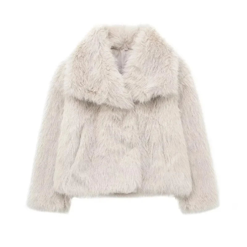 maoxiangshop - Faux Fur Cardigan Coat Women 2024 Winter Luxury Solid Long Sleeve Fashion Short Coats Lady Elegant Warm Thick Jackets Outerwear