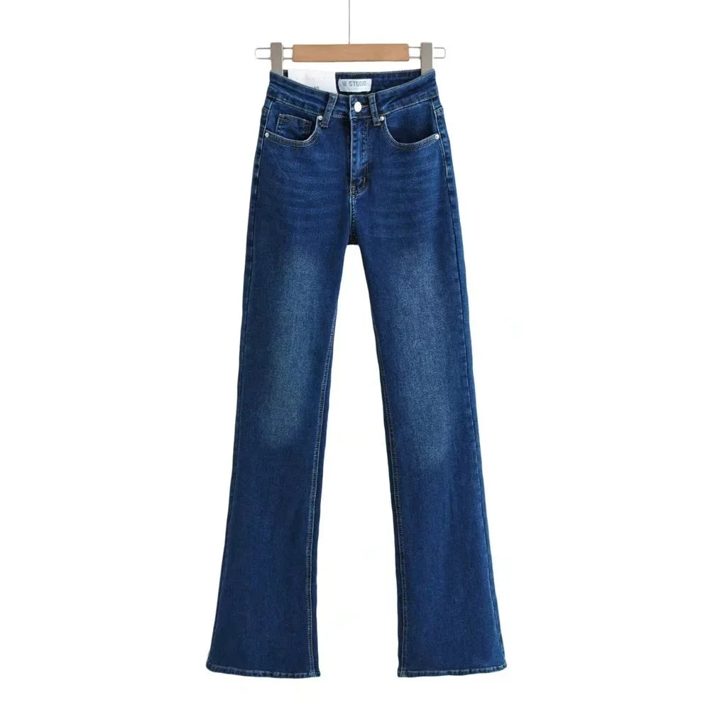 maoxiangshop - Fashion Denim Packets Jeans Women High Waist Flare Pants Streetwear Trousers Pants Jeans Ladies Autumn Bottoms Blue