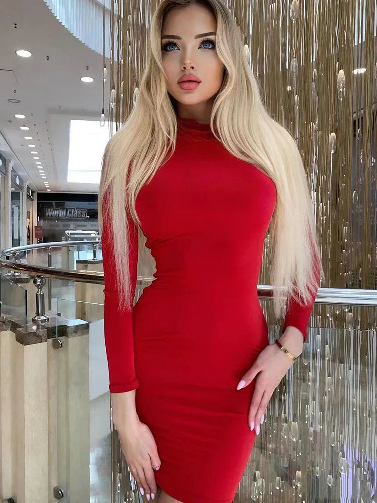 maoxiangshop New Arrival Turtleneck Long Sleeve Skinny Mini Dress Sexy Skirt Dresses Women Elegant Chest Slim Pleated Dress