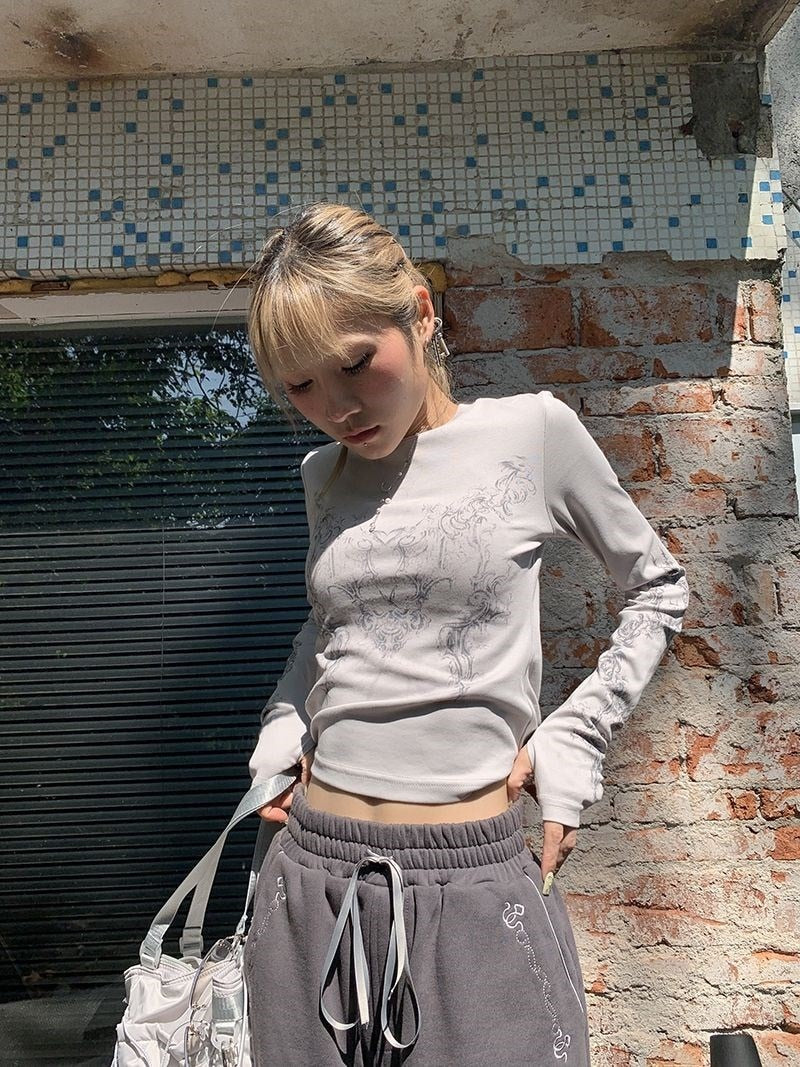 Vintage Women Clothes Y2K T-shirts Blusas O-neck Long Sleeve Print Tunic Grunge Woman Clothing Fashion Casual Crop Tops