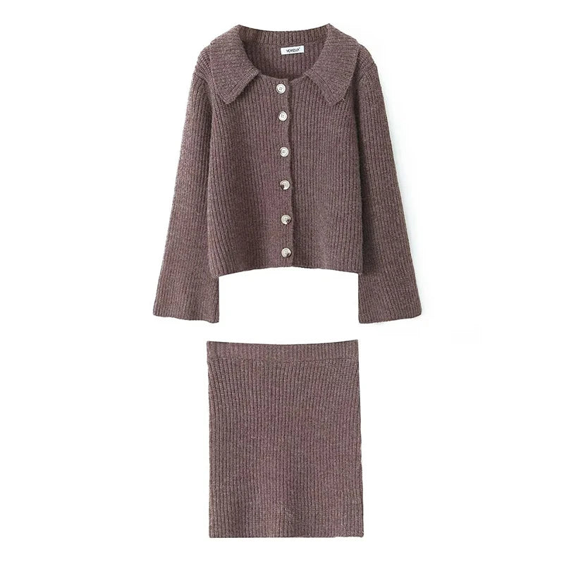 maoxiangshop - Autumn Knit Two Piece Sets Women Knitwear Jumper Loose Tops Long Sleeve Jacket Sweater Cardigan High Waist Skirt Mini Skirts