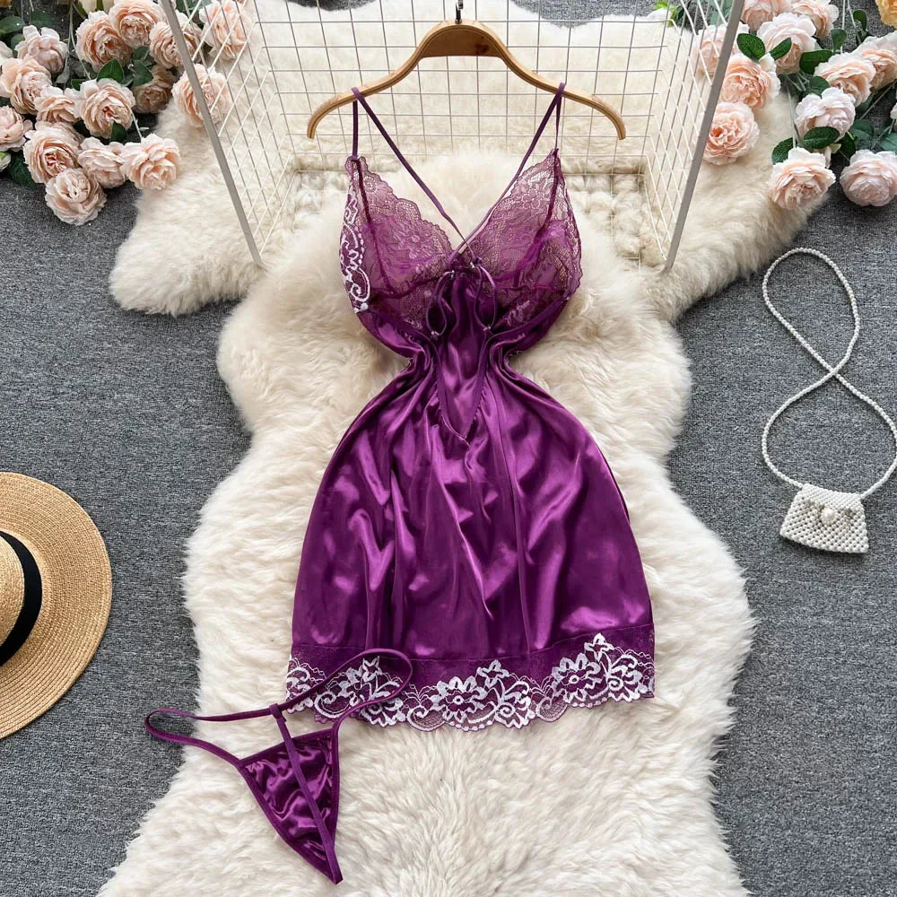 maoxiangshop-Women Night Dress Sleeveless Backless Porno Pajamas Floral Lace Erotic Nightwears+Thongs Satin Sexy Short Transparent Dresses