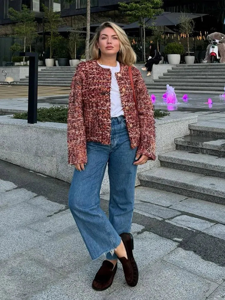 maoxiangshop - Elegant Knitting Woolen Short Jacket Woman Chic O-neck Single Breasted Jackets Female Autumn Fashion New Office Outwear Tops
