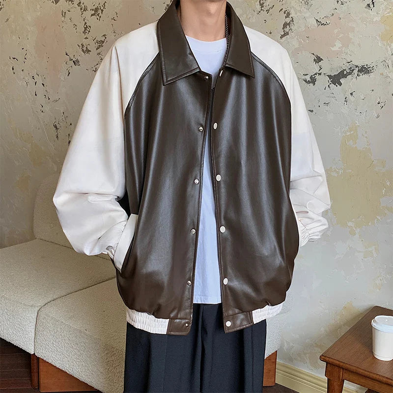 maoxiangshop Clashing Color Splicing Leather Jacket Autumn Trend American Mens Jacket Coat Loose Casual Lapel Tops Men Women Clothing
