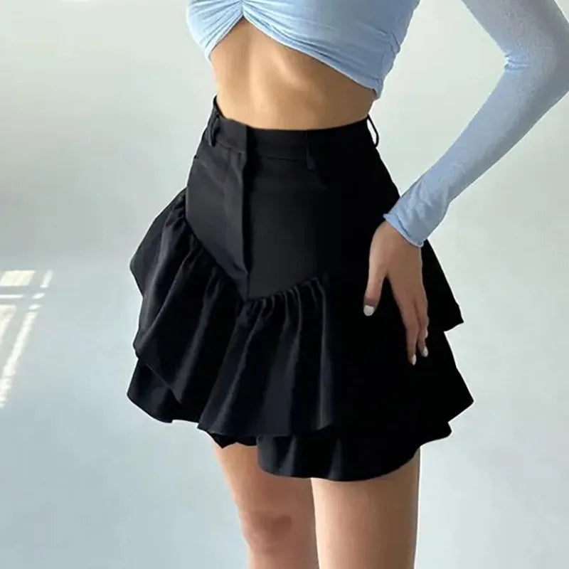 maoxiangshop - Black Mini Skirt Women Korean Fashion High Waist A-line Cute Sexy Layered Ruffles Skirt Shorts Summer Streetwear Casual