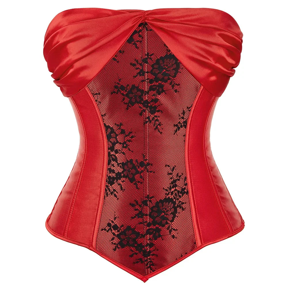maoxiangshop - Woman Corset Vintage Satin Corsets Floral Lace Up Bustier Gothic Exotic Bustiers Romantic Bridal Outfit Medieval Party Costumes