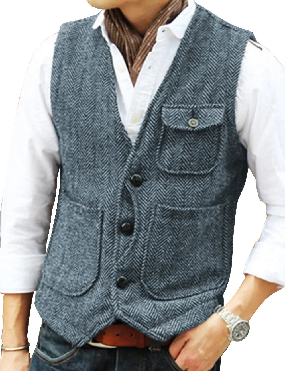maoxiangshop Men's Vests Business Suit Vest Herringbone Tweed V Neck Formal Waistcoat For Wedding Suit Or Tuxedo Men Vest
