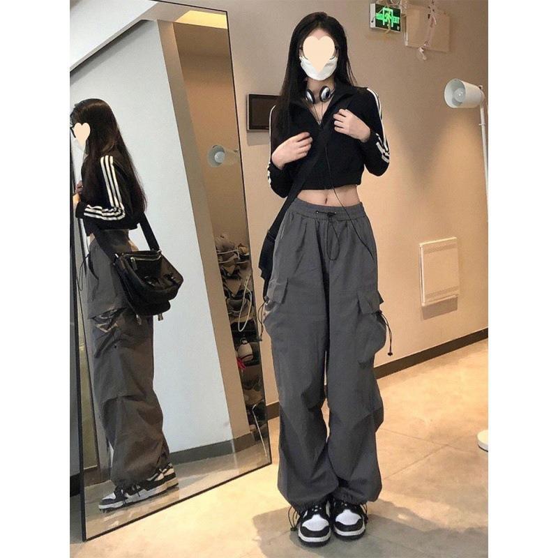 maoxiangshopWomen Big Pockets Cargo Pants Y2k High Elastic Waist Drawstring Baggy Trousers Vintage Casual Loose Side Zipper Straight Pants