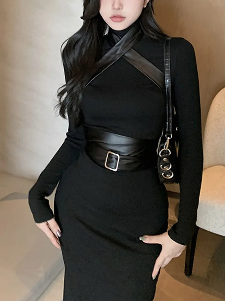 maoxiangshop Black Maxi Dress Women Sexy Punk Style Split Bandage Bodycon Dress Female Autumn Long Sleeve Turtleneck Party Club Long Dresses