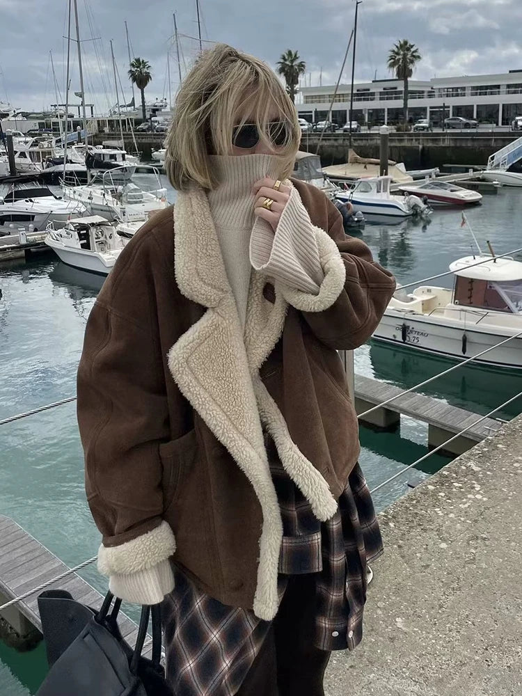 maoxiangshop - Fashion Oversize Loose Lamb Jacket For Women 2024 Winter Long Sleeve Button Fleece Coats Female Hip Hop Street Fluffy Outerwear
