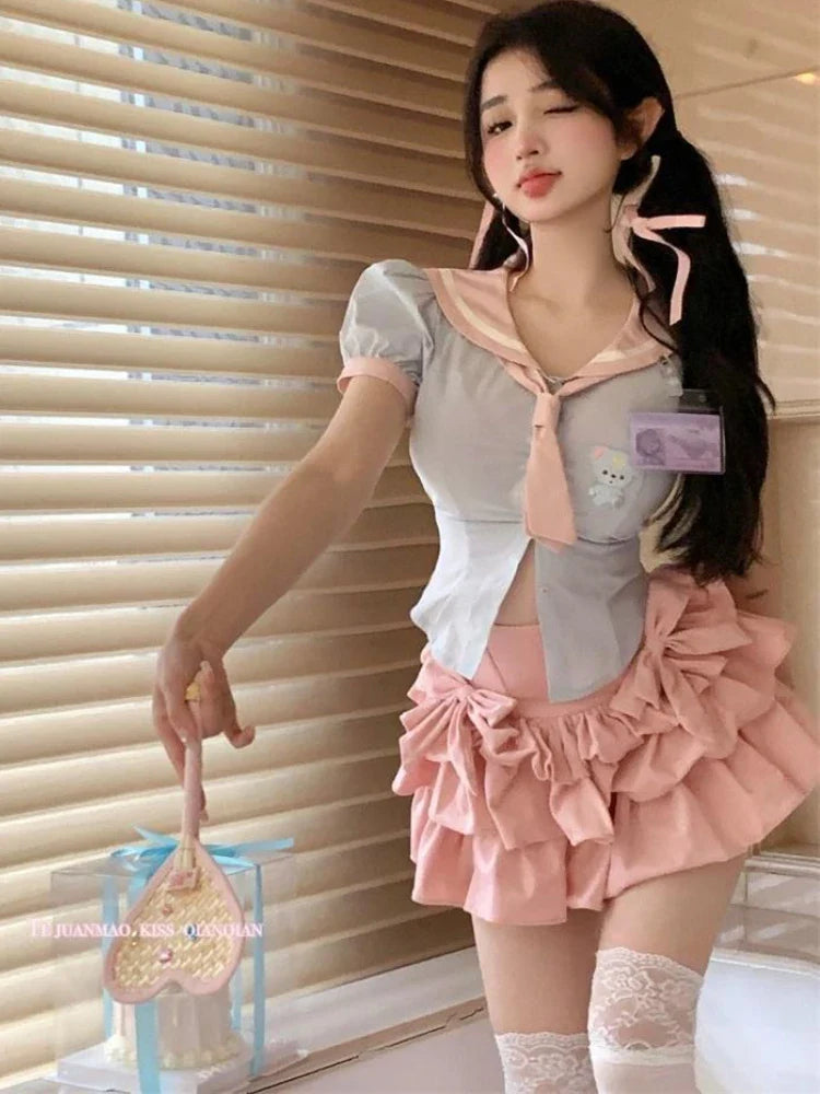 maoxiangshop Pink Kawaii Skirt Women Ruffle Patchwork Layered Bow High Waist Cute Mini Skirt Shorts Harajuku Japanese Style Soft Girl