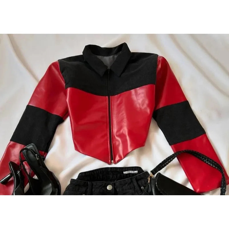 maoxiangshop - Y2K Gothic Fashion Skirts Womens Two Piece Leather Patchwork Denim Patchwork women Clothes Zipper Mini Denim Slim Fit Mini Skirt