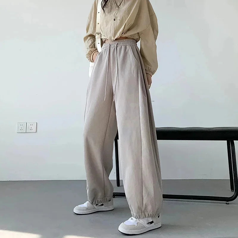 maoxiangshop - 2024 Autumn New Wide Leg Pants Women Baggy Sweatpants Loose High Waisted Bound Feet Pants Lady Lace Up Casual Straight Trousers