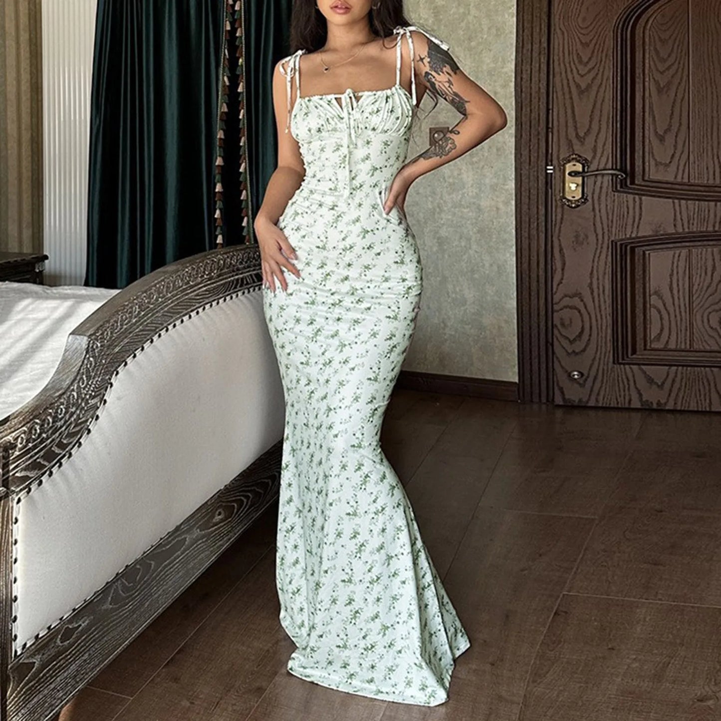 maoxiangshop Backless Slip Floral Maxi Dress Women Summer Trendy Retro Sexy Sleeveless Low Cut Bodycon Beach Party Sundress 2024