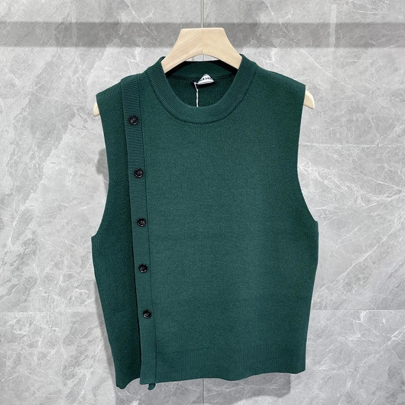 maoxiangshop Men's Luxury Knitted Pullover Sweater Vest Casual Streetwear Button Solid Color O Neck Sleeveless Loose Stylish Vintage Knitwear